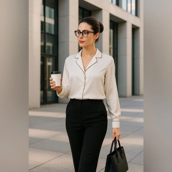 ZARA silky Ivory blouse w/ animal-print piping trim size S - Picture 8 of 14